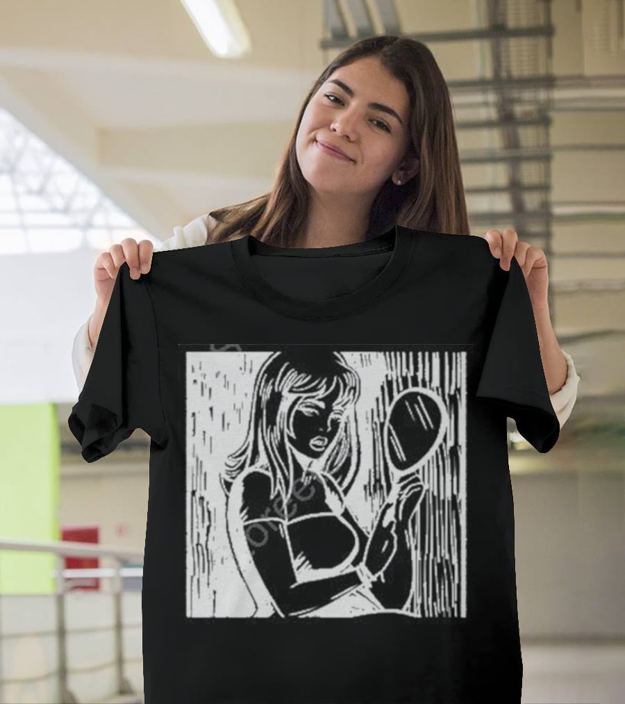 Billie Eilish Store Mirror Art Black And White Line Drawing Woman With Handheld Mirror T-Shirt