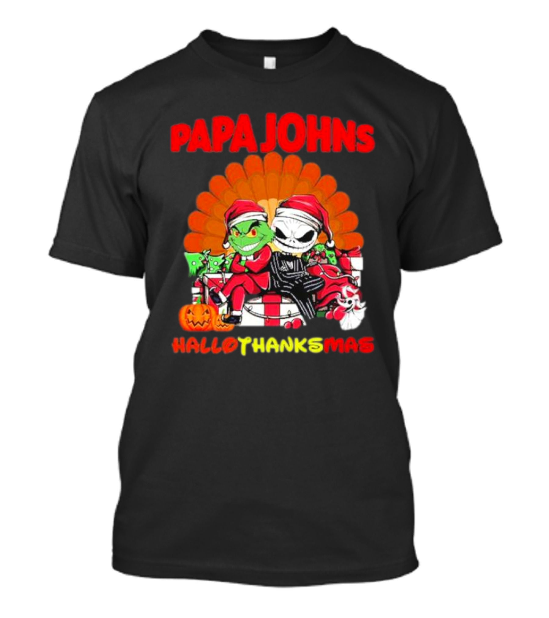 Papa Johns Baby Grinch Baby Jack Skellington HalloThanksMas T-Shirt