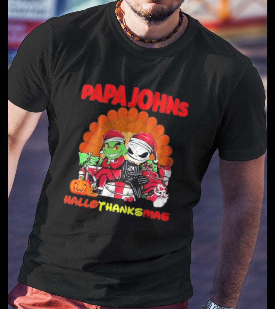 Papa Johns Baby Grinch Baby Jack Skellington HalloThanksMas T-Shirt