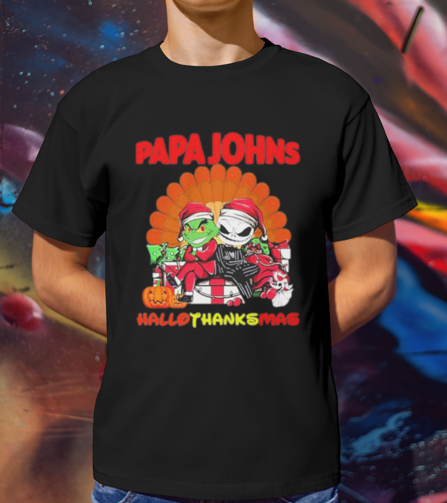 Papa Johns Baby Grinch Baby Jack Skellington HalloThanksMas T-Shirt