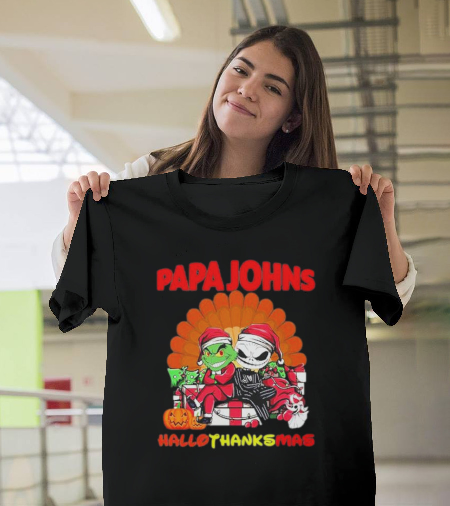 Papa Johns Baby Grinch Baby Jack Skellington HalloThanksMas T-Shirt