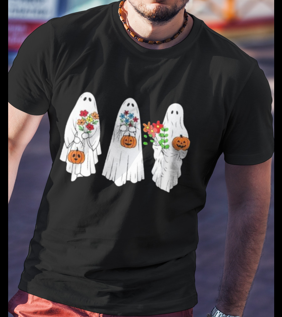 Floral Ghost Pumpkin Halloween Trio With Colorful Bouquet T-Shirt