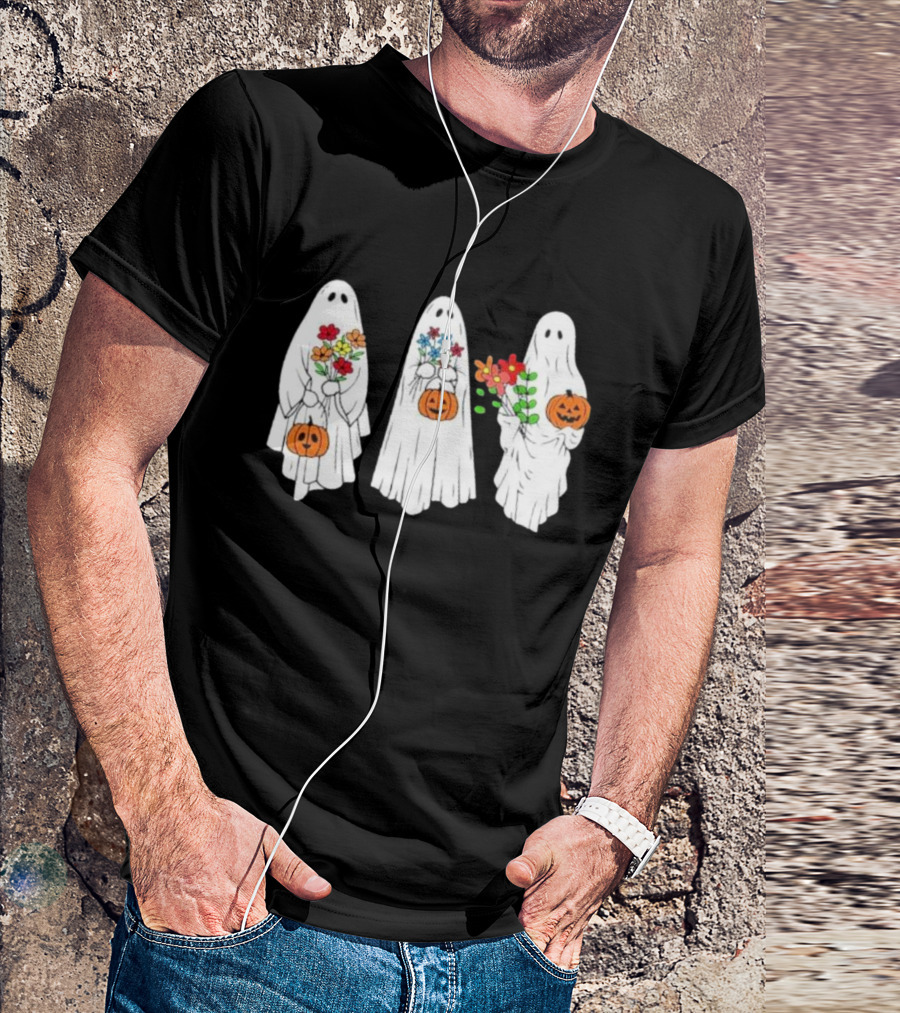 Floral Ghost Pumpkin Halloween Trio With Colorful Bouquet T-Shirt