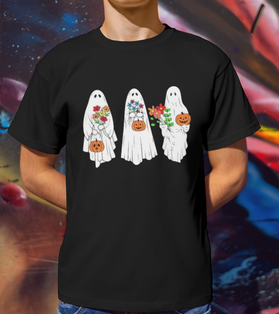 Floral Ghost Pumpkin Halloween Trio With Colorful Bouquet T-Shirt