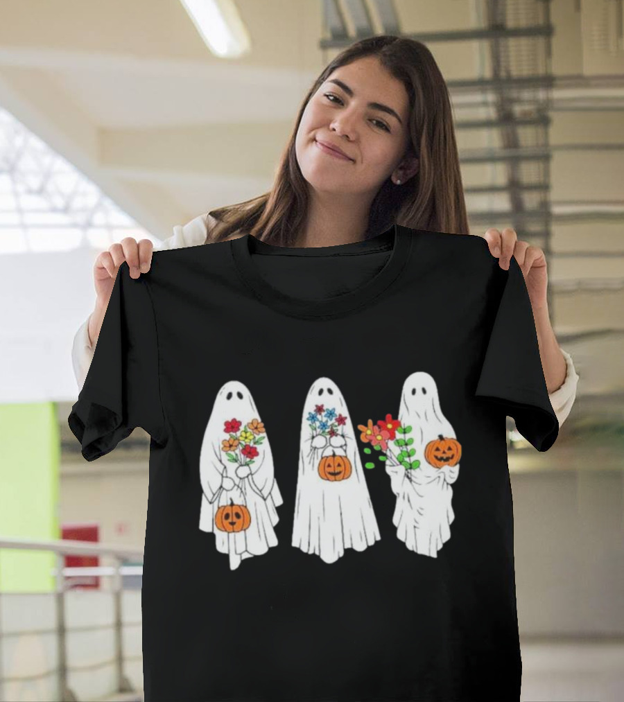 Floral Ghost Pumpkin Halloween Trio With Colorful Bouquet T-Shirt