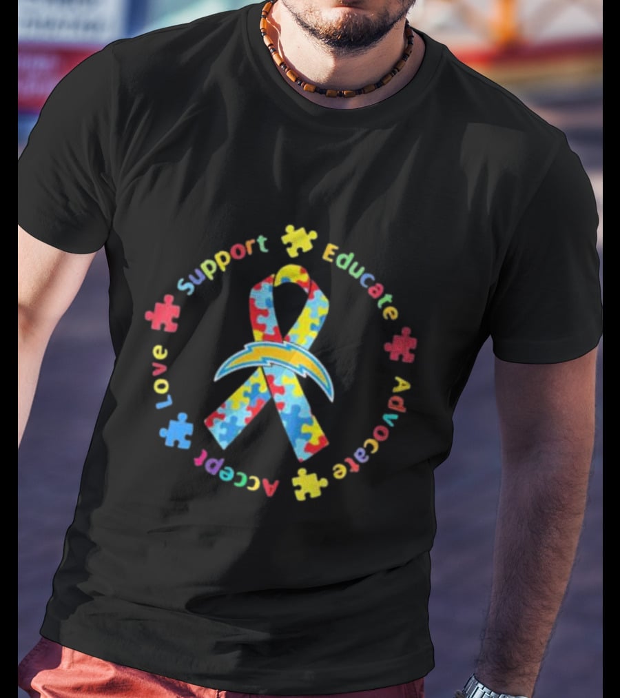Los Angeles Chargers Autism Puzzle Ribbon Support Educate Advocate Accept Love T-Shirt