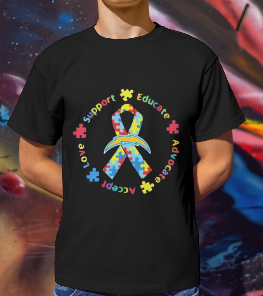 Los Angeles Chargers Autism Puzzle Ribbon Support Educate Advocate Accept Love T-Shirt