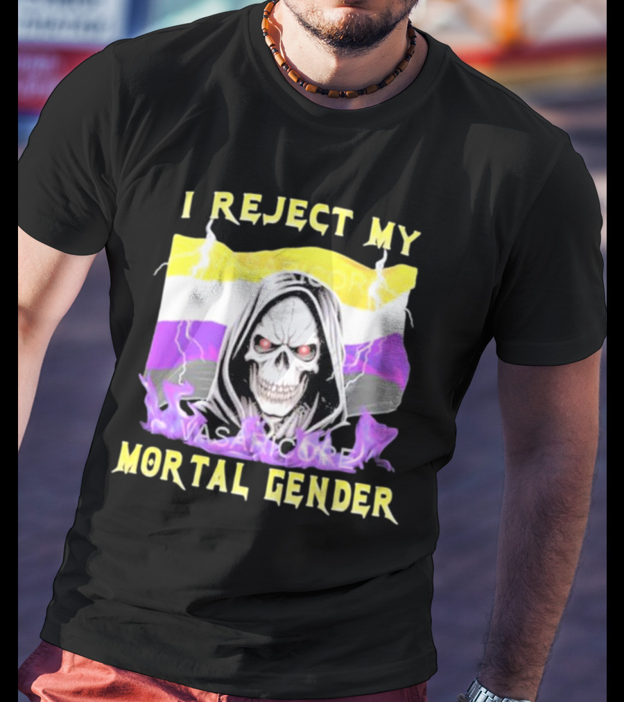I Reject My Mortal Gender Nonbinary Skull With Hood And Lightning T-Shirt