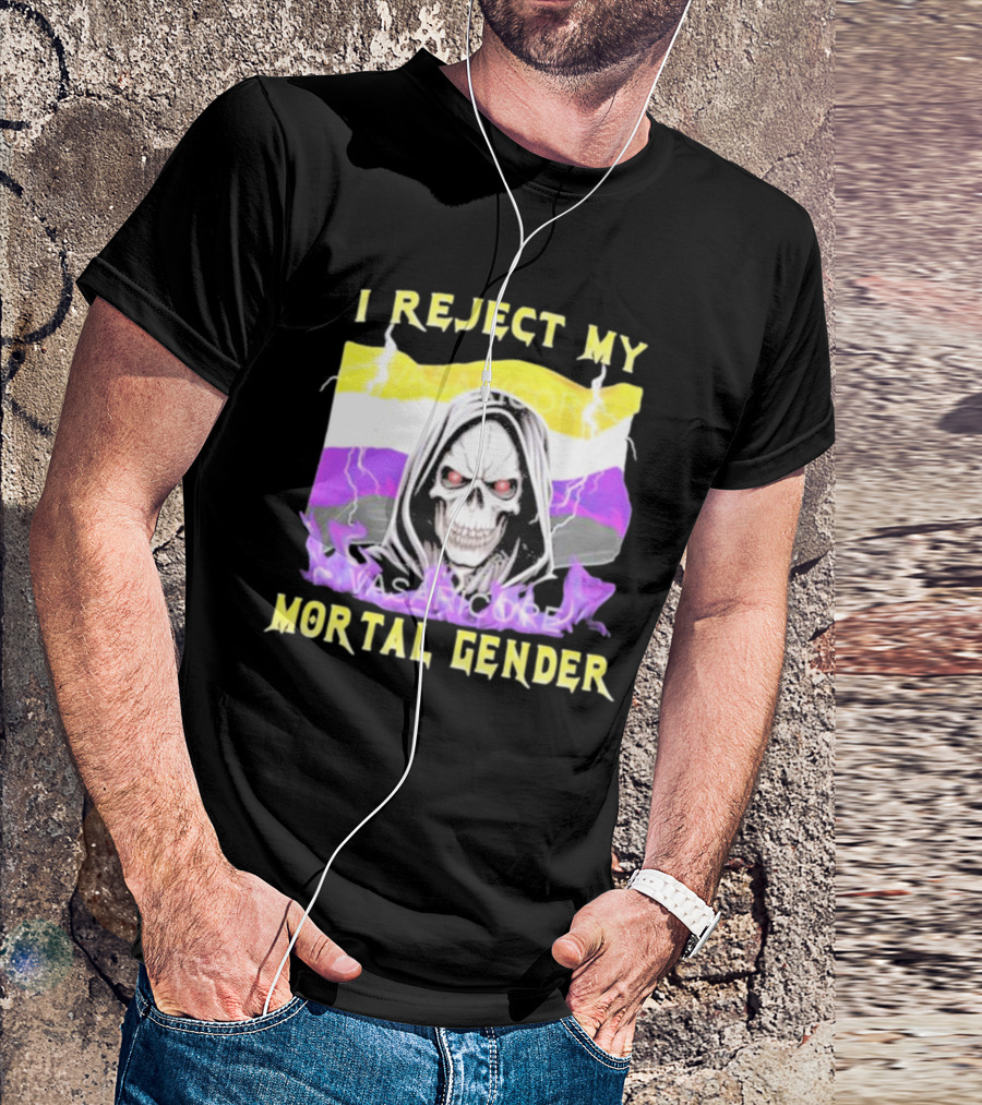I Reject My Mortal Gender Nonbinary Skull With Hood And Lightning T-Shirt