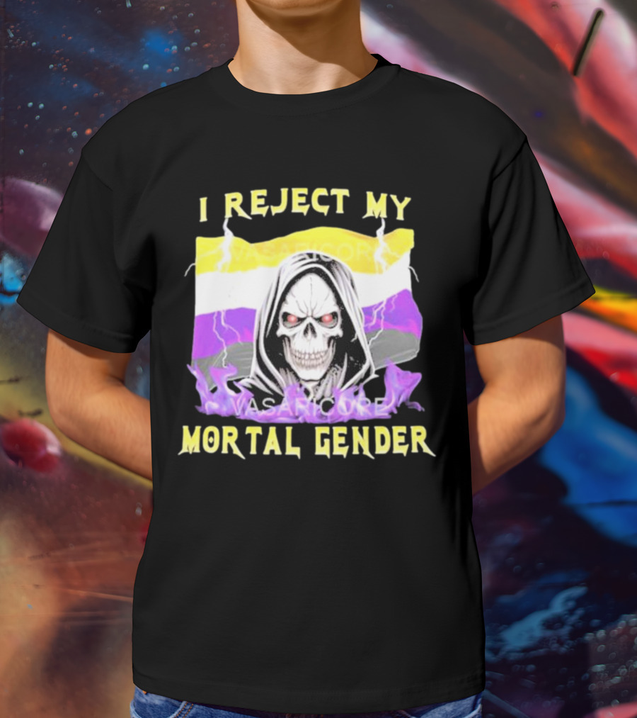 I Reject My Mortal Gender Nonbinary Skull With Hood And Lightning T-Shirt
