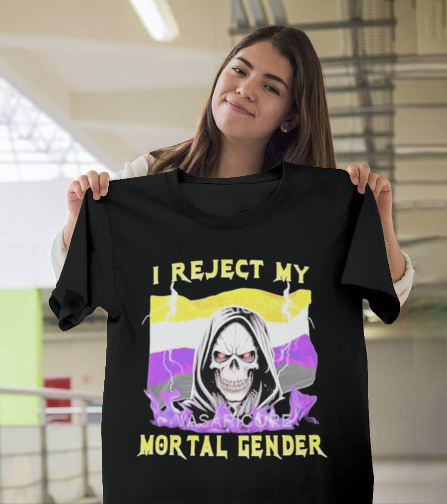 I Reject My Mortal Gender Nonbinary Skull With Hood And Lightning T-Shirt