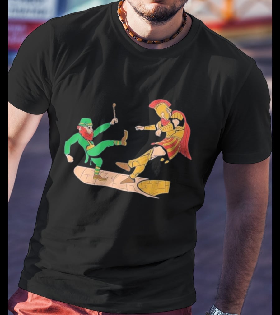 Notre Dame Leprechaun Vs. Trojan Warrior Kick Battle T-Shirt