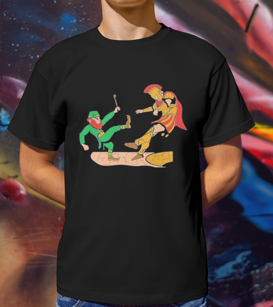 Notre Dame Leprechaun Vs. Trojan Warrior Kick Battle T-Shirt