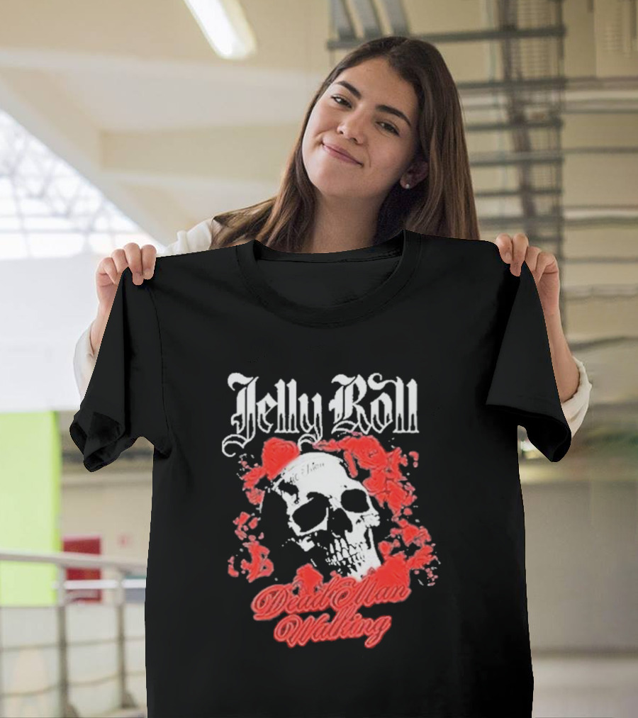 Jelly Roll Dead Man Walking Black Floral Skull Roses T-Shirt