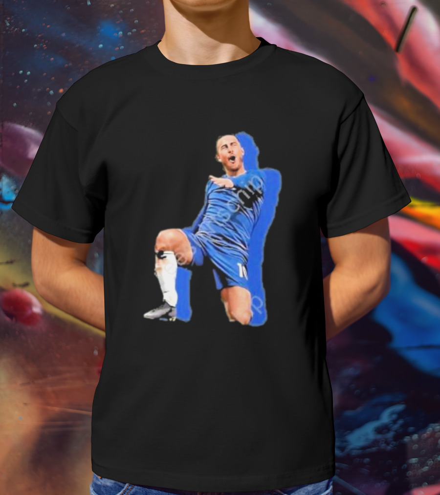 The By Line Show Garden Of Eden Celebration Pose Soccer Player In Blue Jersey T-Shirt