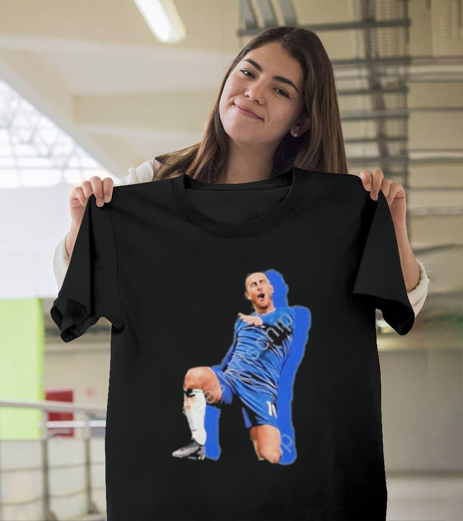 The By Line Show Garden Of Eden Celebration Pose Soccer Player In Blue Jersey T-Shirt
