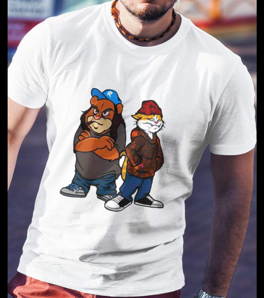 Phobik X Ratchet Cartoon Bear In Blue Cap And Cat In Red Beanie T-Shirt