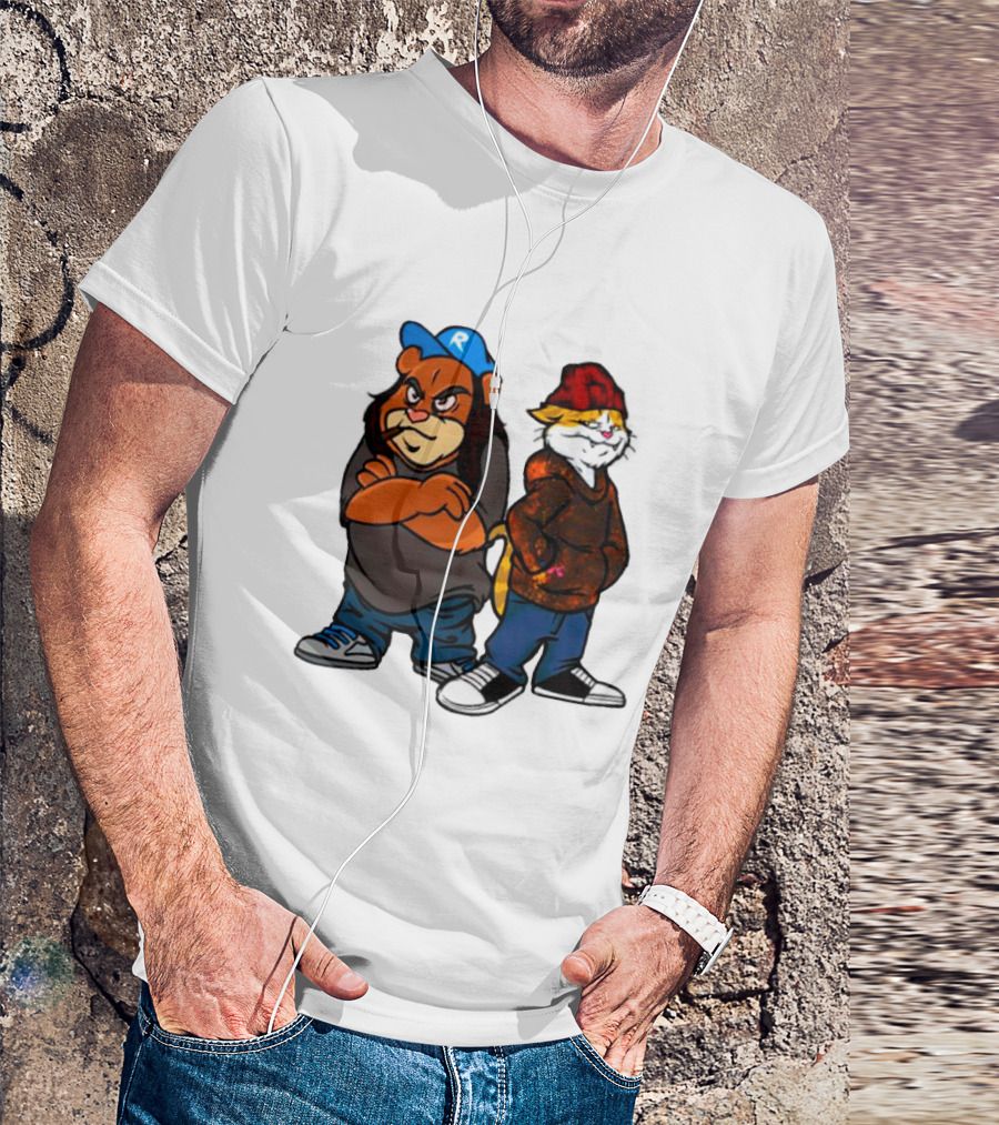 Phobik X Ratchet Cartoon Bear In Blue Cap And Cat In Red Beanie T-Shirt