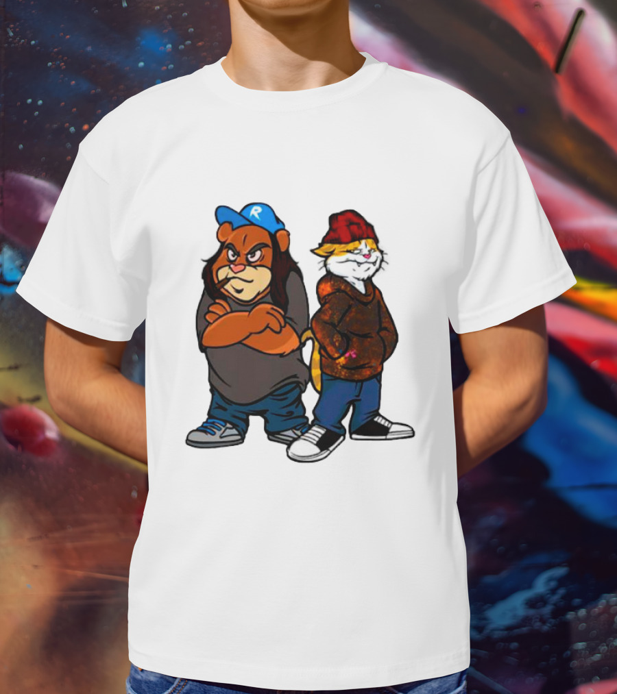 Phobik X Ratchet Cartoon Bear In Blue Cap And Cat In Red Beanie T-Shirt