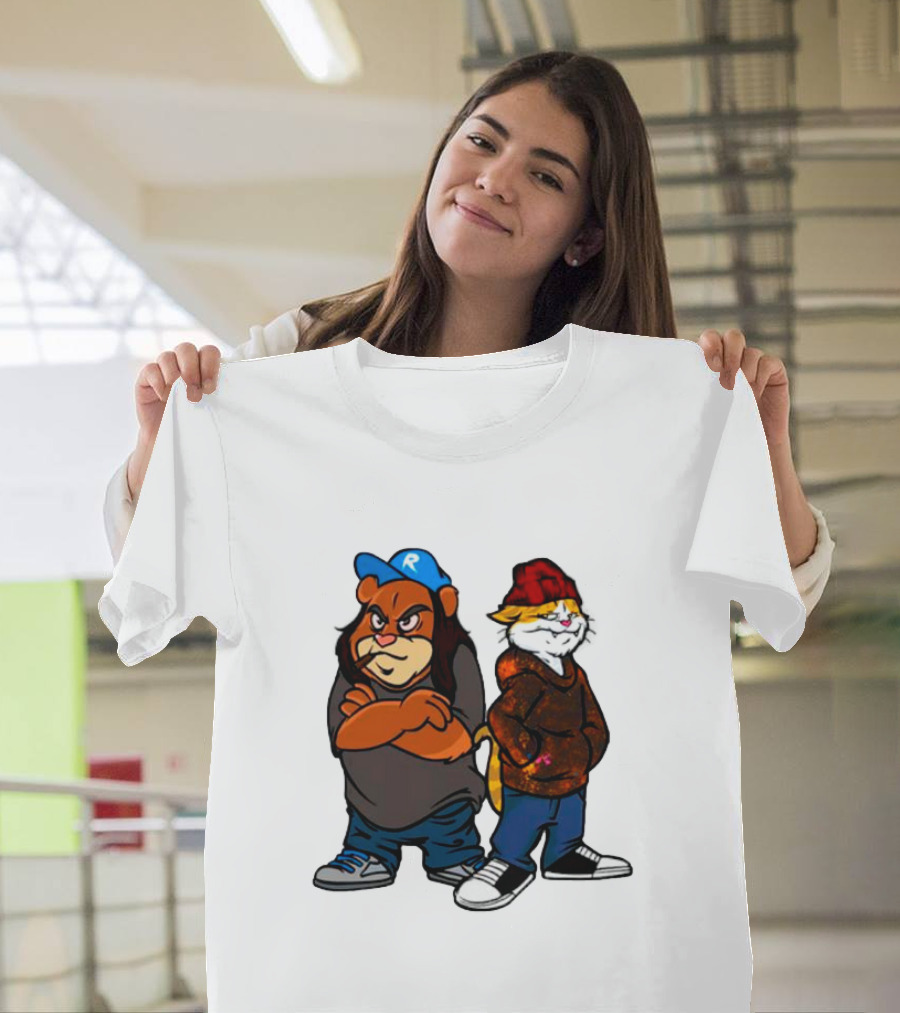 Phobik X Ratchet Cartoon Bear In Blue Cap And Cat In Red Beanie T-Shirt