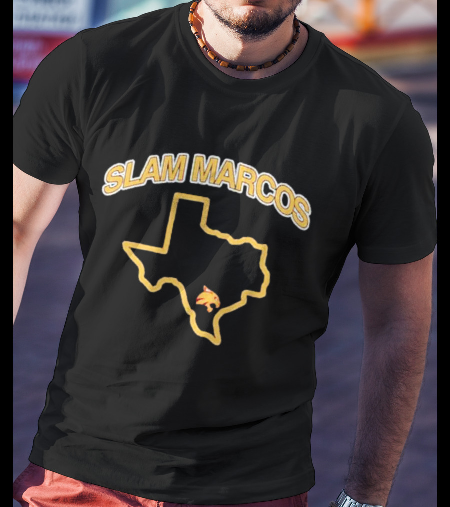 Slam Marcos Texas With State Outline And Bobcat T-Shirt