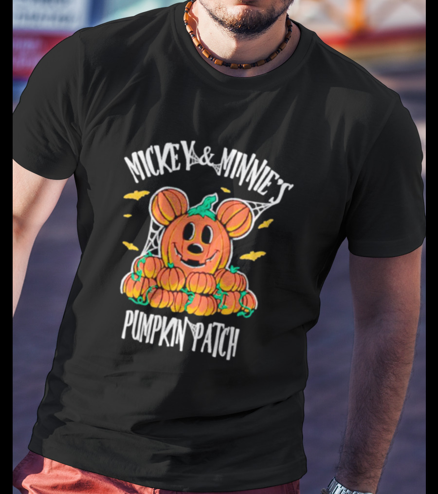 Mickey And Minnie's Pumpkin Patch Halloween Pumpkin Character With Ears And Spider Webs T-Shirt