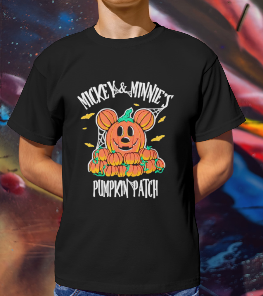 Mickey And Minnie's Pumpkin Patch Halloween Pumpkin Character With Ears And Spider Webs T-Shirt