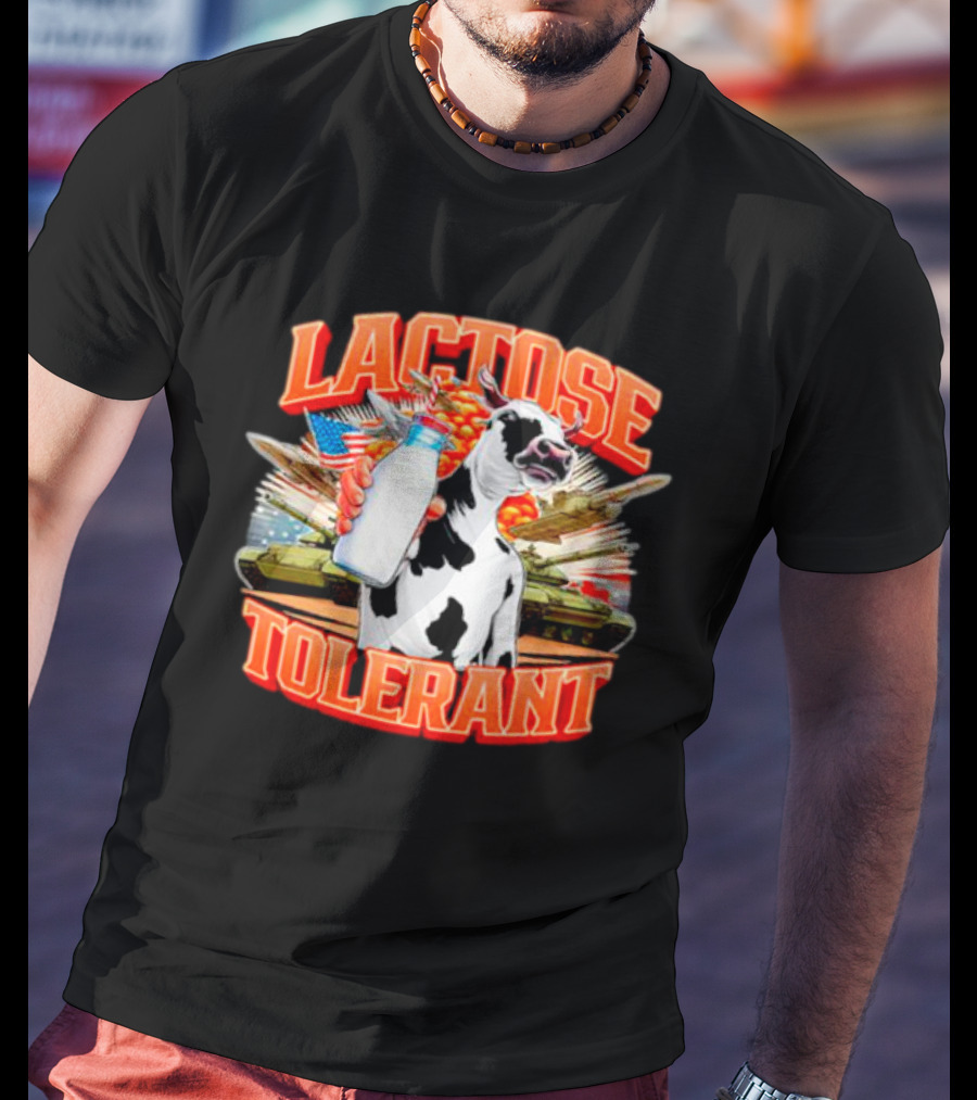 Lactose Tolerant Cow Holding Milk With Explosions And Tanks T-Shirt