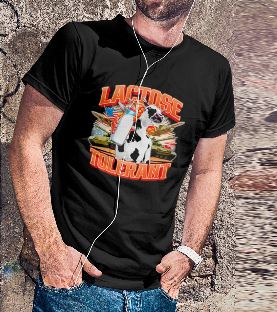 Lactose Tolerant Cow Holding Milk With Explosions And Tanks T-Shirt