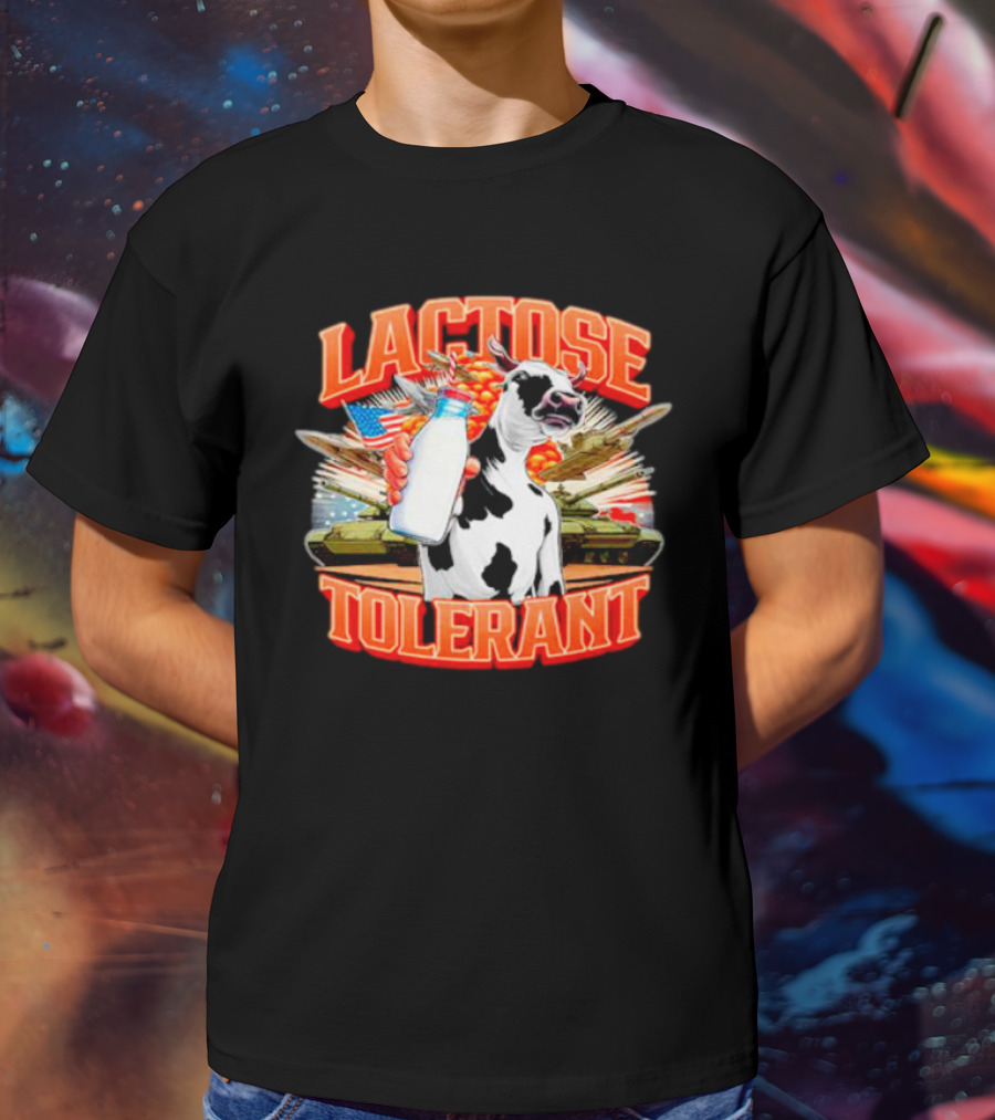 Lactose Tolerant Cow Holding Milk With Explosions And Tanks T-Shirt