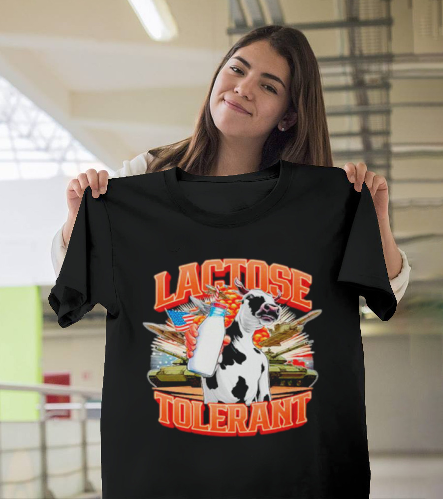 Lactose Tolerant Cow Holding Milk With Explosions And Tanks T-Shirt