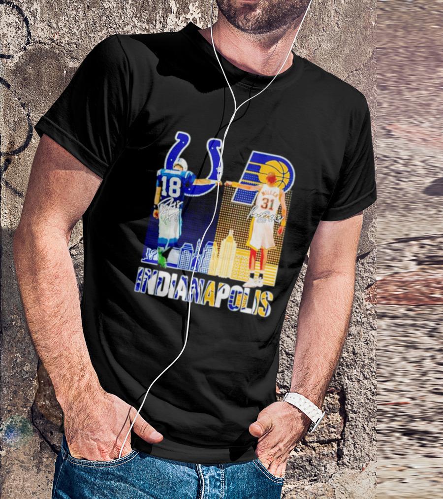 Indianapolis Colts Peyton Manning 18 Reggie Miller 31 Indiana Pacers Indianapolis Skyline T-Shirt