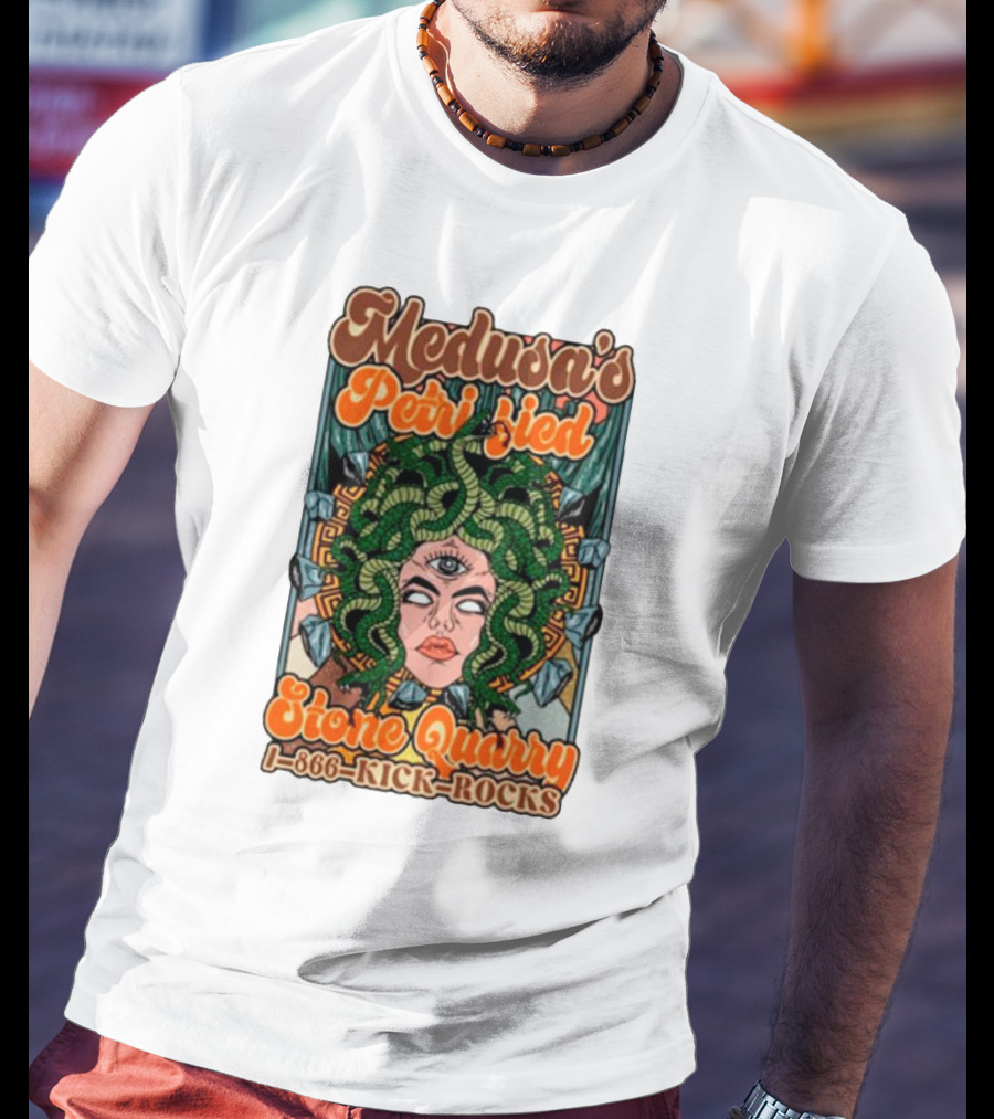 Medusa's Petrified Stone Quarry 1-866-Kick-Rocks Serpentine Gorgon Face With Third Eye And Stone Background T-Shirt