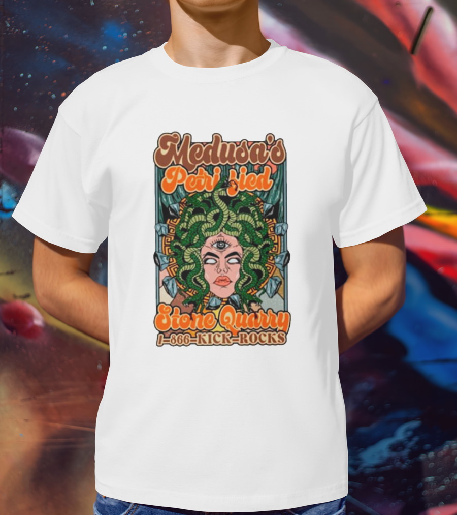Medusa's Petrified Stone Quarry 1-866-Kick-Rocks Serpentine Gorgon Face With Third Eye And Stone Background T-Shirt
