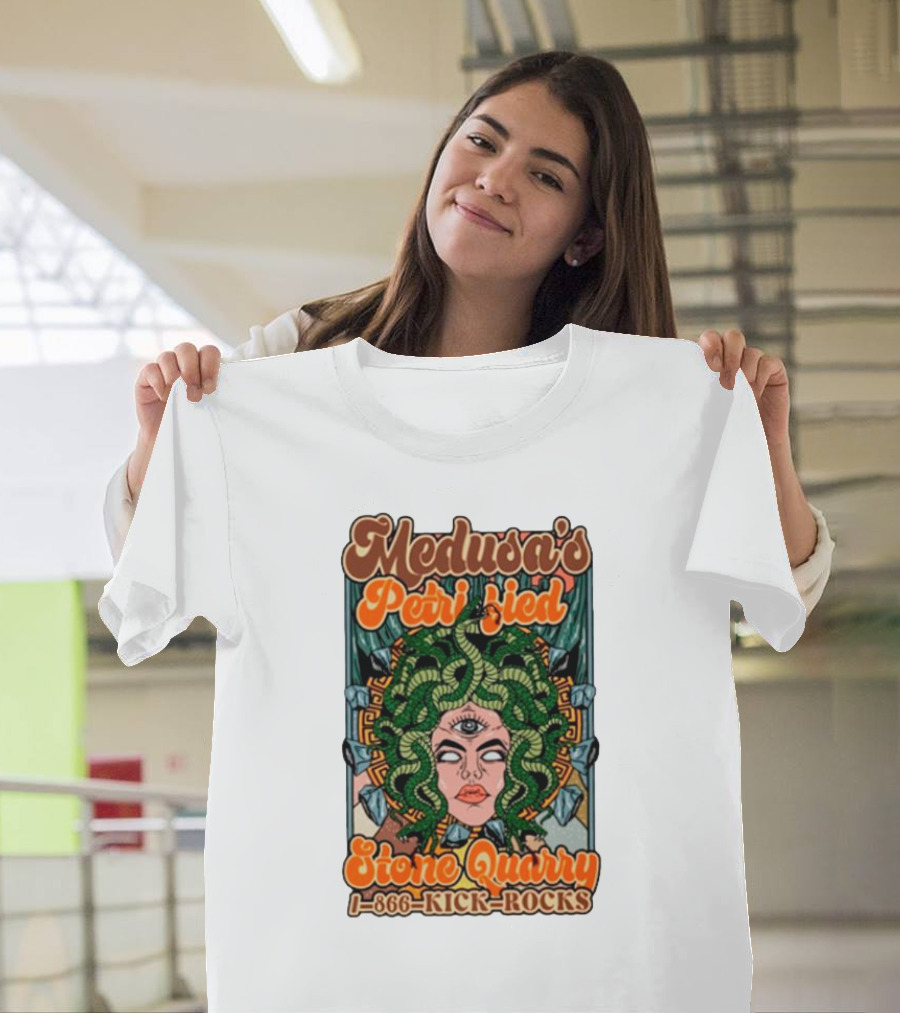 Medusa's Petrified Stone Quarry 1-866-Kick-Rocks Serpentine Gorgon Face With Third Eye And Stone Background T-Shirt