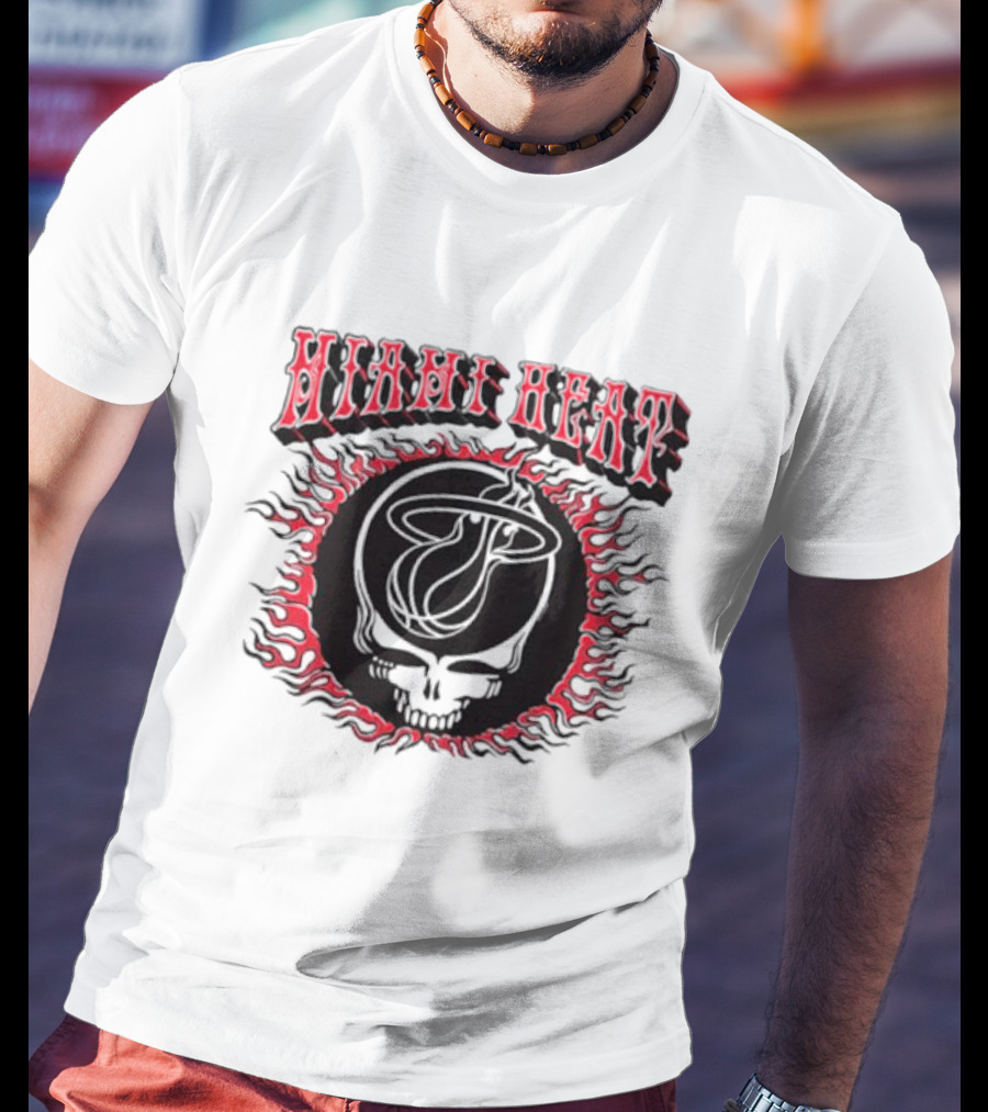 MiamI Heat Grateful Dead Skull Logo With Flaming Basketball T-Shirt