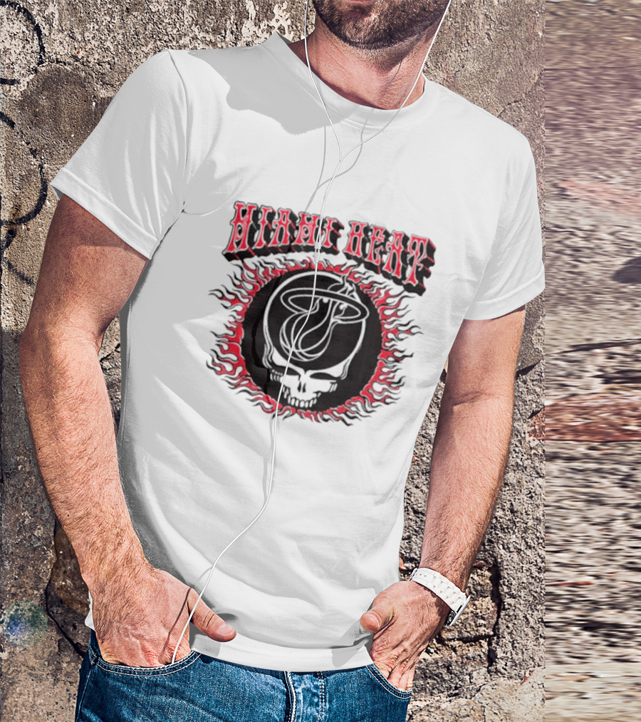 MiamI Heat Grateful Dead Skull Logo With Flaming Basketball T-Shirt