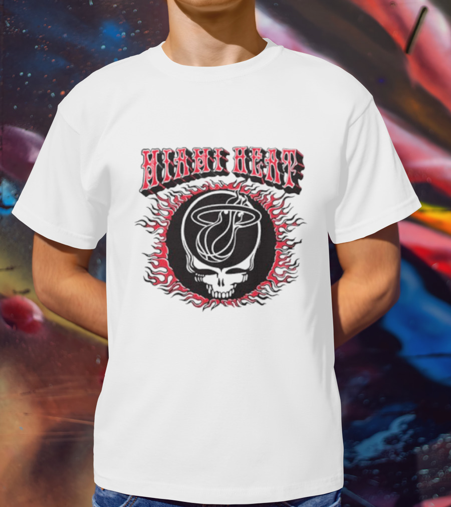 MiamI Heat Grateful Dead Skull Logo With Flaming Basketball T-Shirt