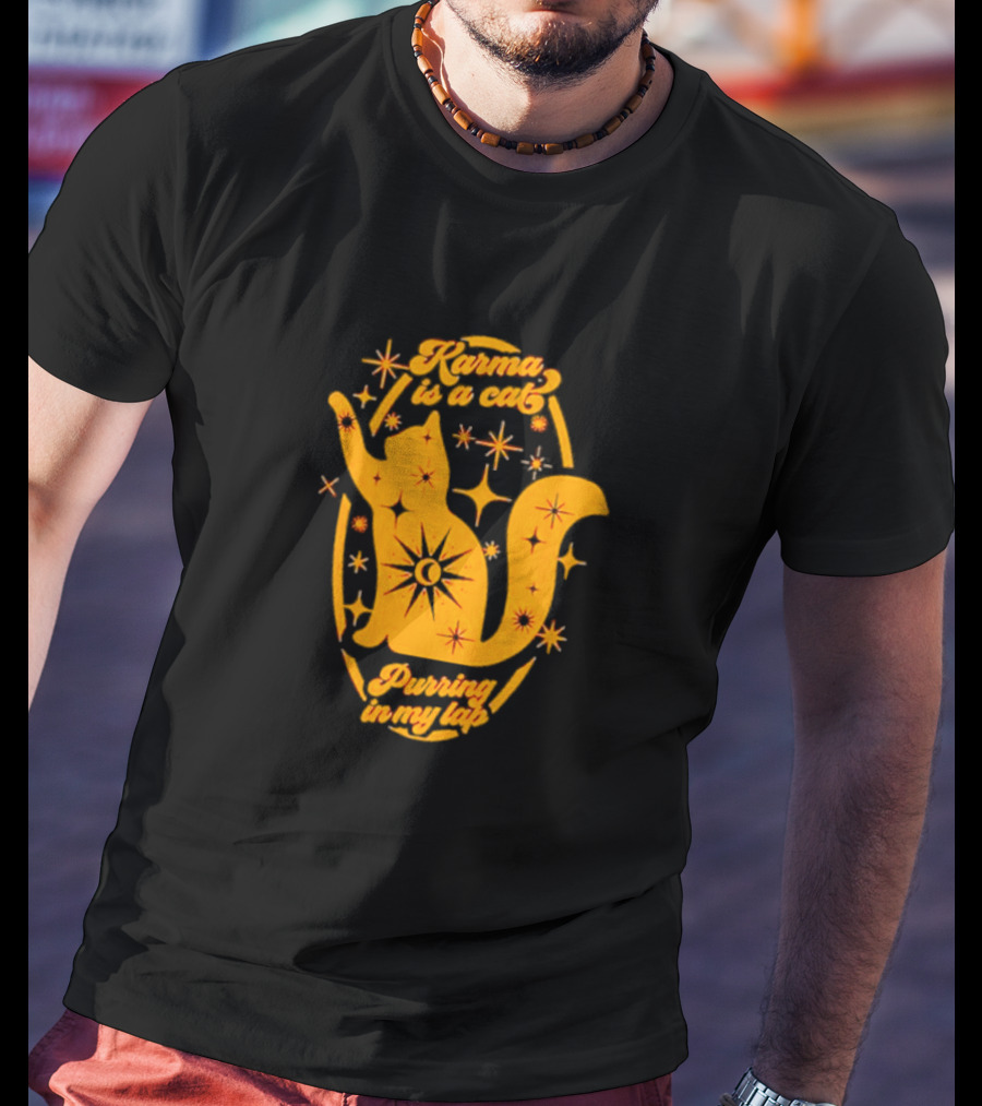 Karma Is A Cat Purring In My Lap With Celestial Stars And Moon T-Shirt