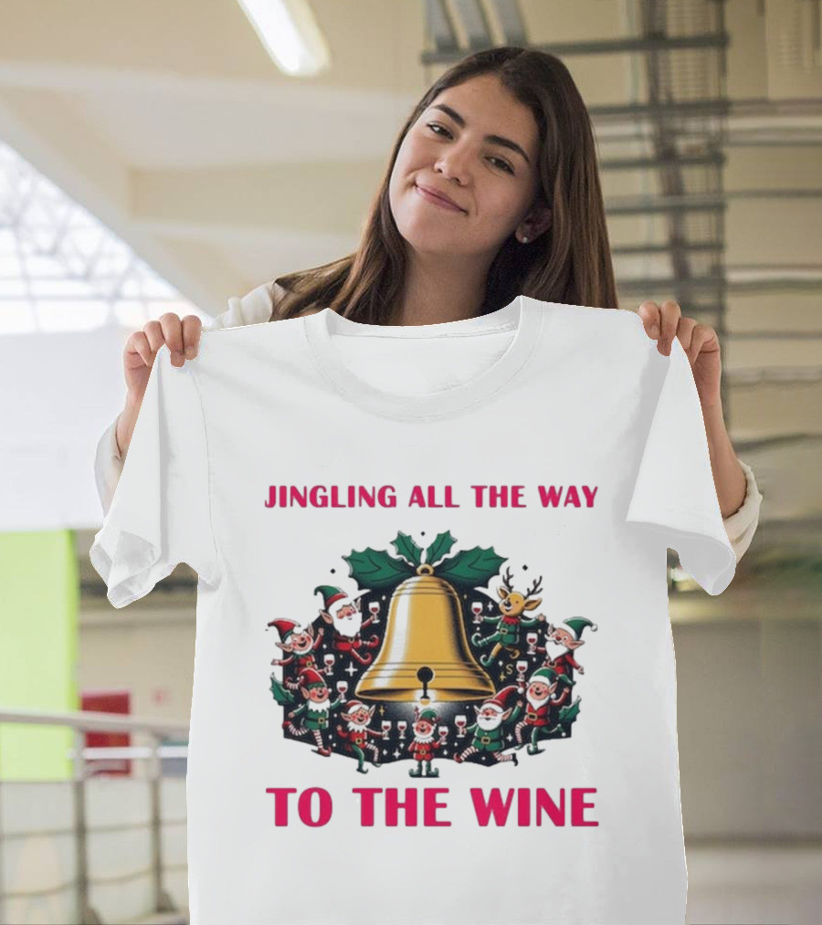 Jingling All The Way To The Wine Christmas Elves And Reindeer Bell T-Shirt