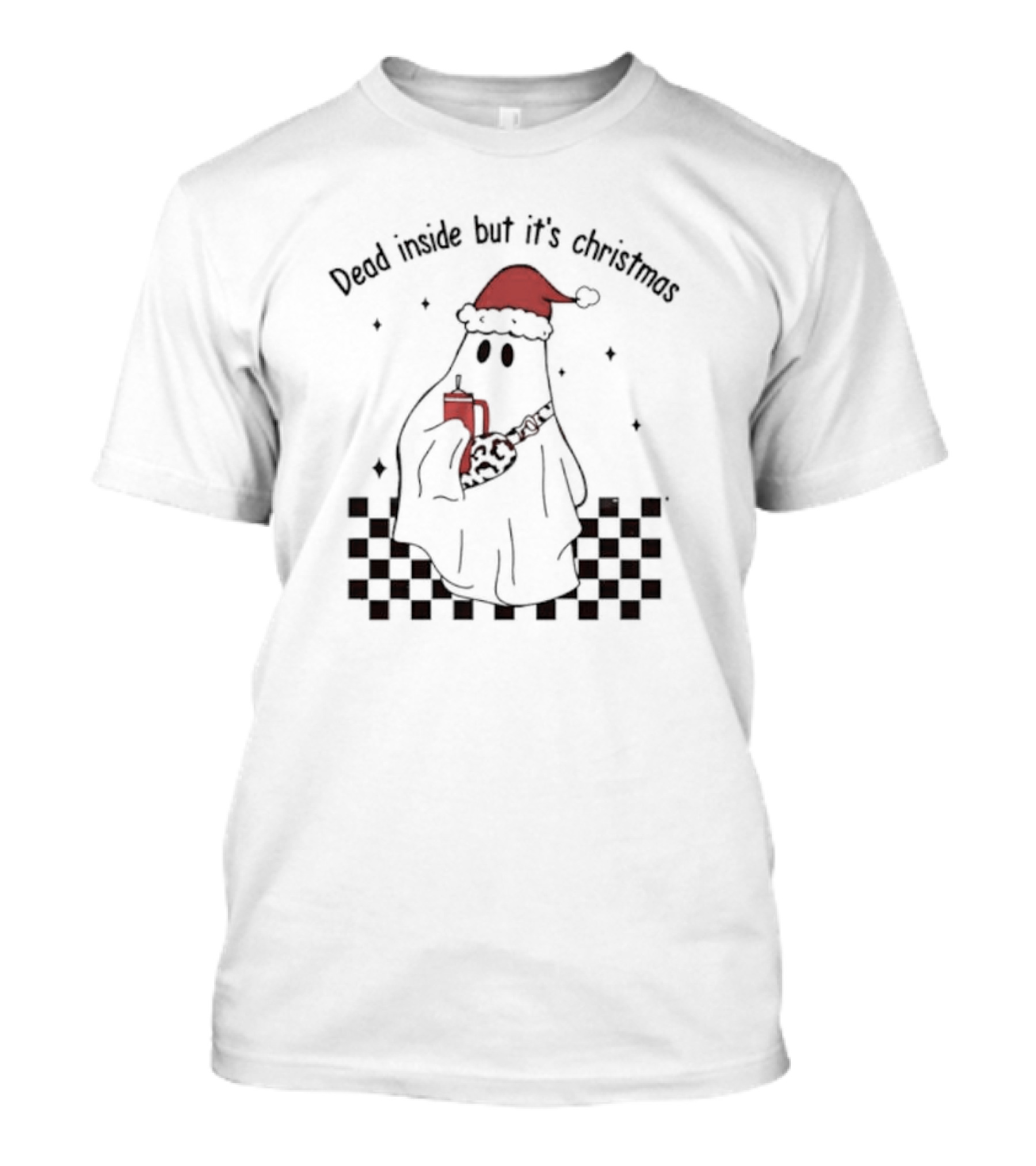Dead Inside But It's Christmas Ghost With Santa Hat And Mug T-Shirt