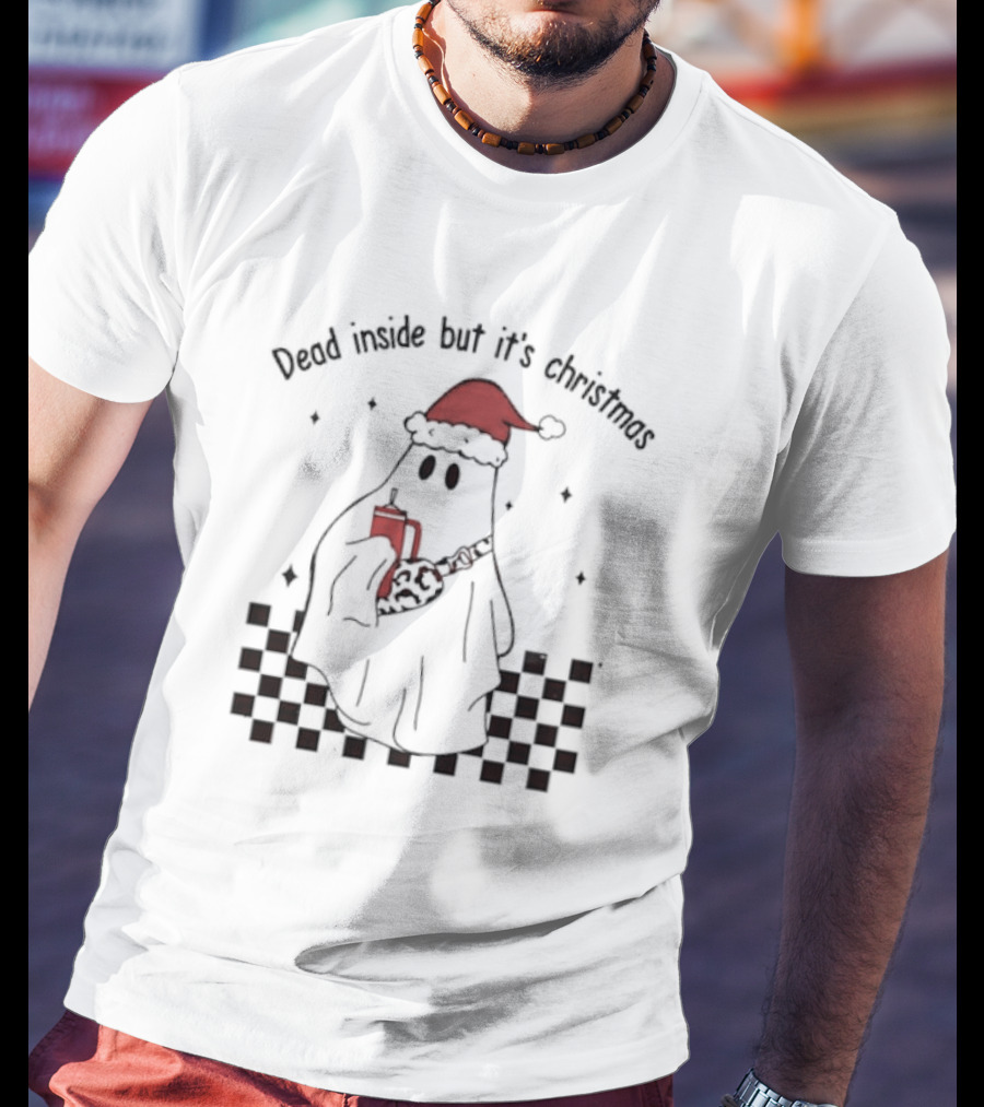 Dead Inside But It's Christmas Ghost With Santa Hat And Mug T-Shirt