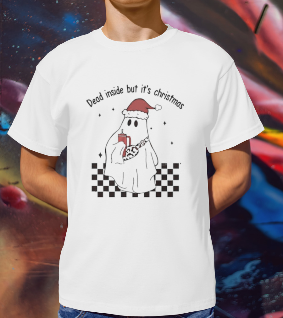 Dead Inside But It's Christmas Ghost With Santa Hat And Mug T-Shirt