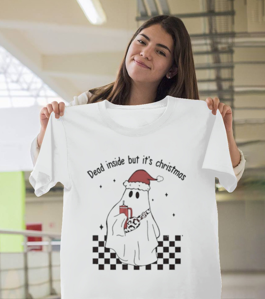 Dead Inside But It's Christmas Ghost With Santa Hat And Mug T-Shirt