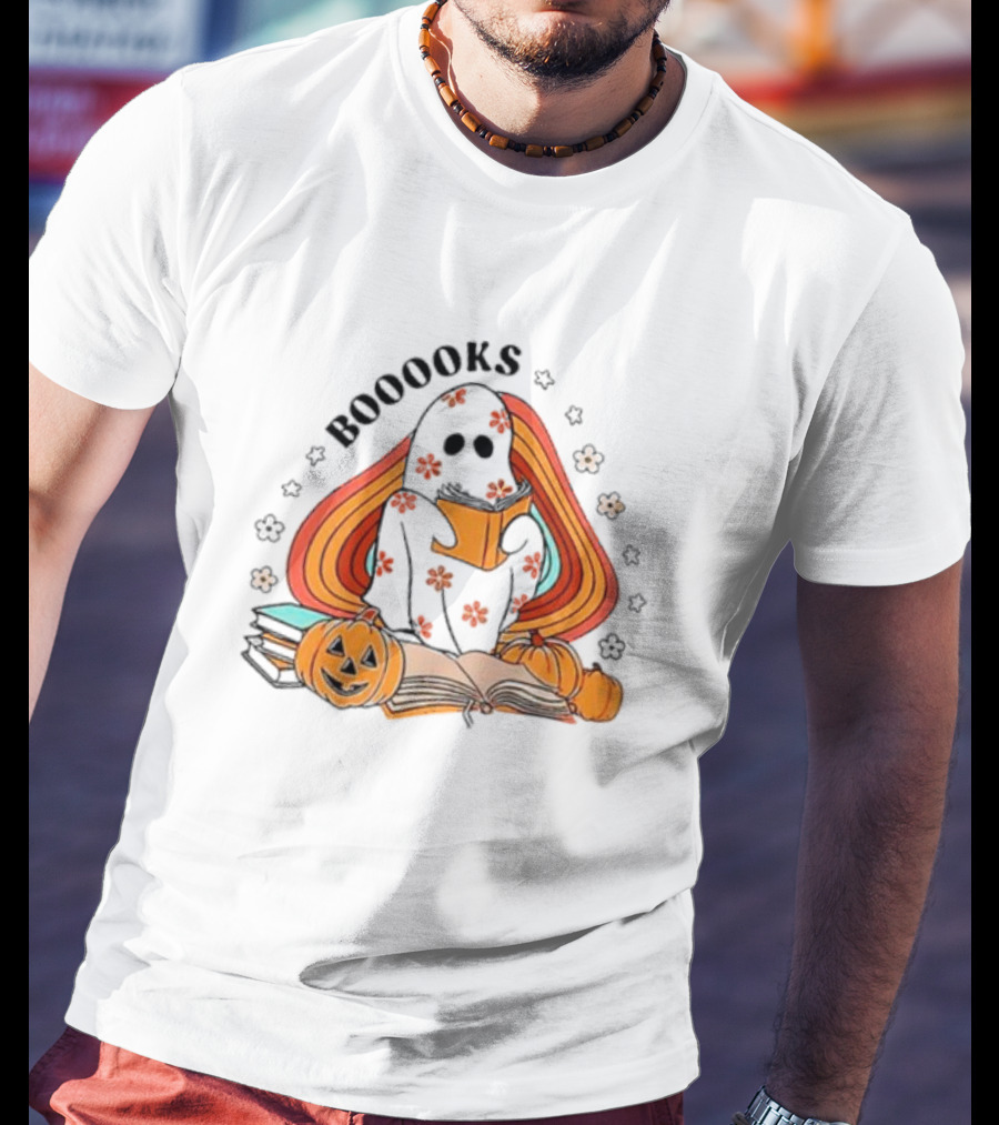 BOOOOKS Ghost Reading With Pumpkins And Flowers T-Shirt