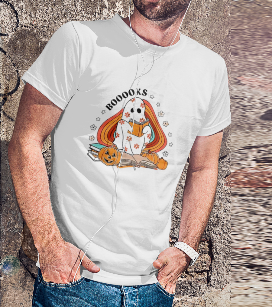 BOOOOKS Ghost Reading With Pumpkins And Flowers T-Shirt