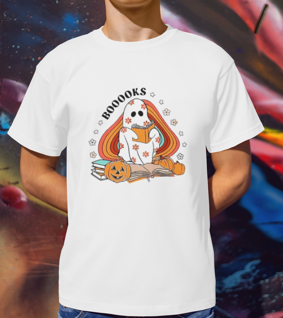 BOOOOKS Ghost Reading With Pumpkins And Flowers T-Shirt