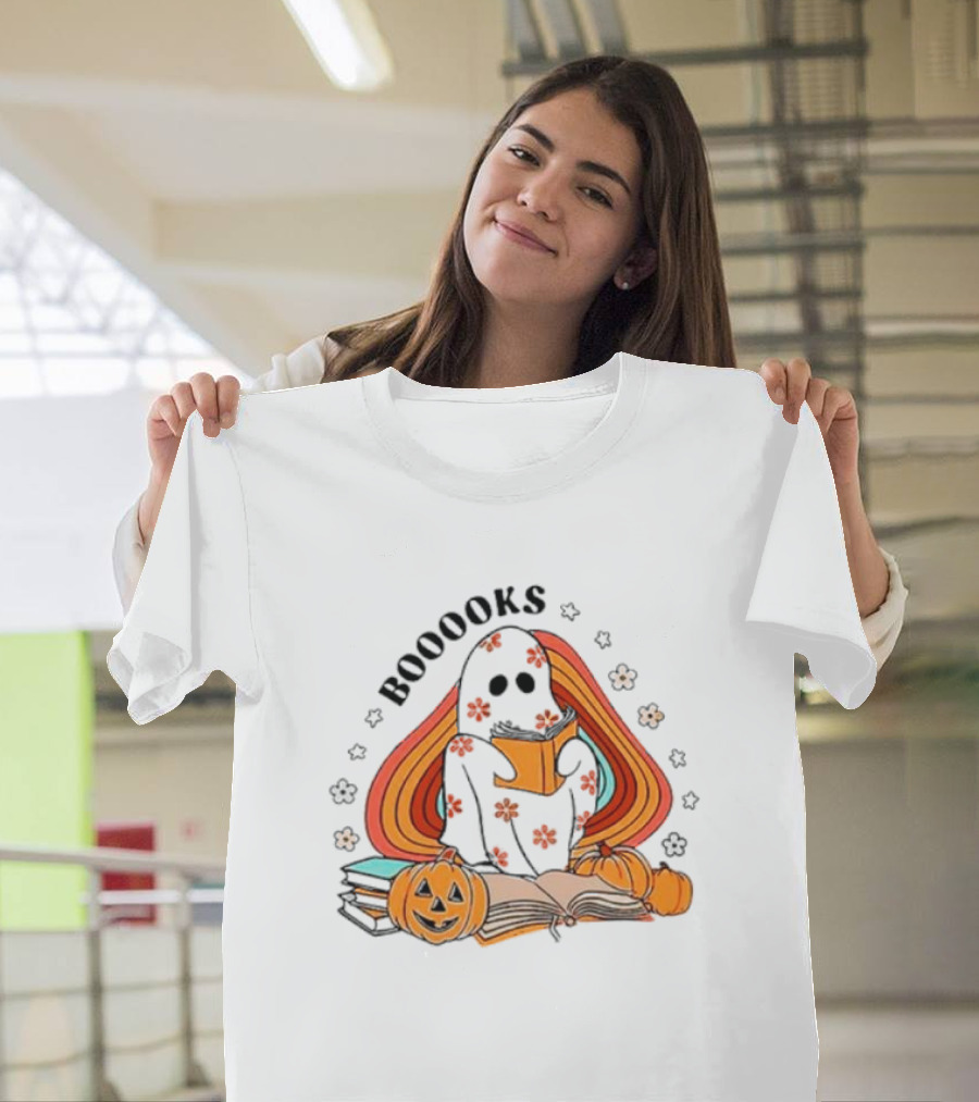 BOOOOKS Ghost Reading With Pumpkins And Flowers T-Shirt