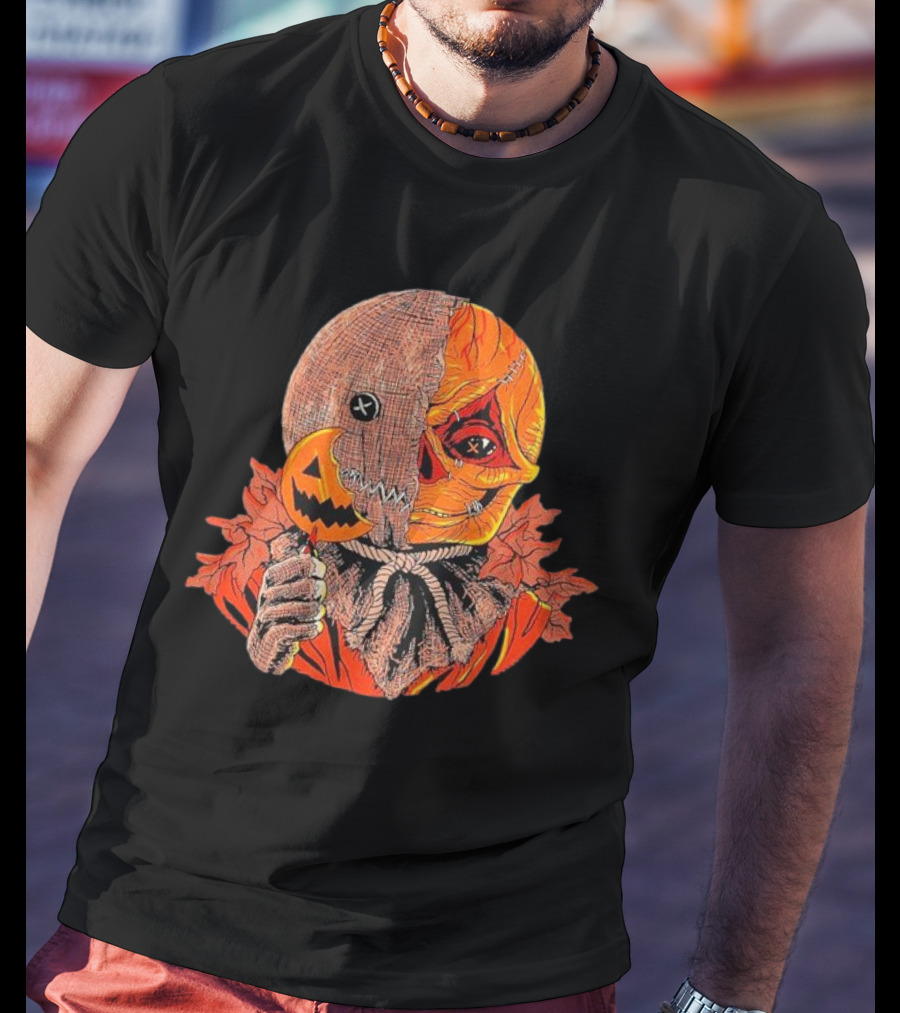 Horrors Of Halloween Trick R Treat Pumpkin Skull Mask T-Shirt