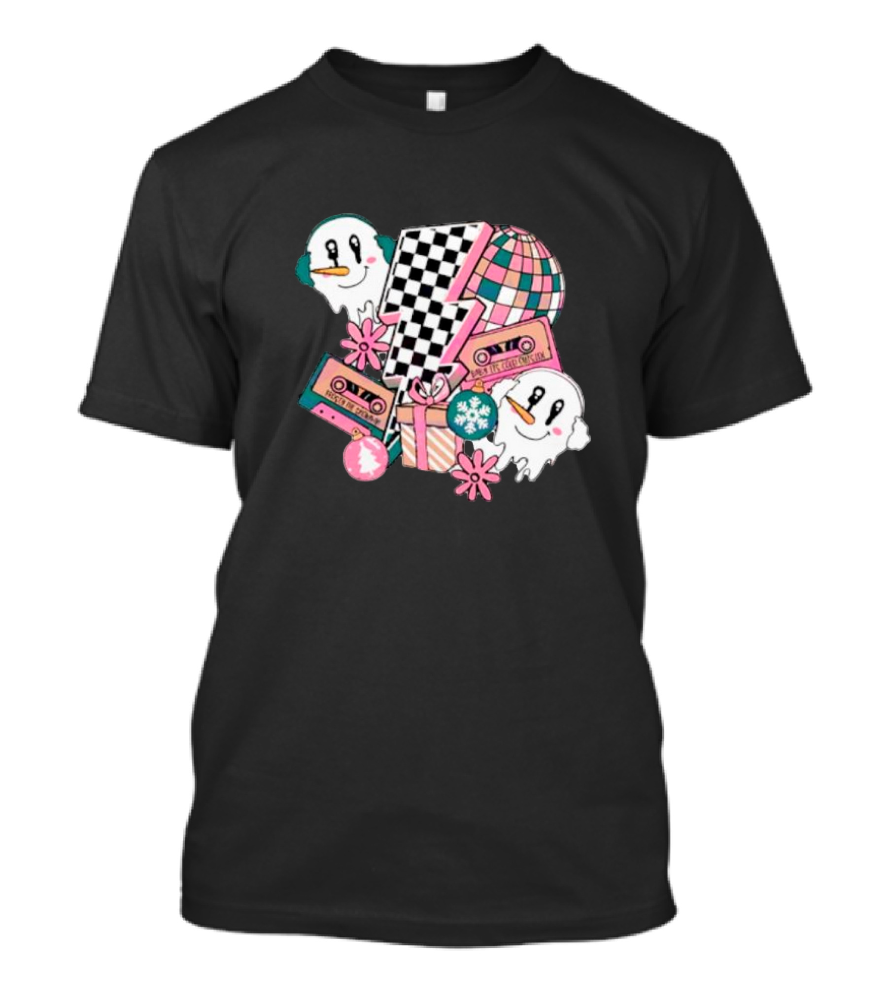 Christmas Lightning Bolt Snowman Retro Ghost Disco Cassette T-Shirt